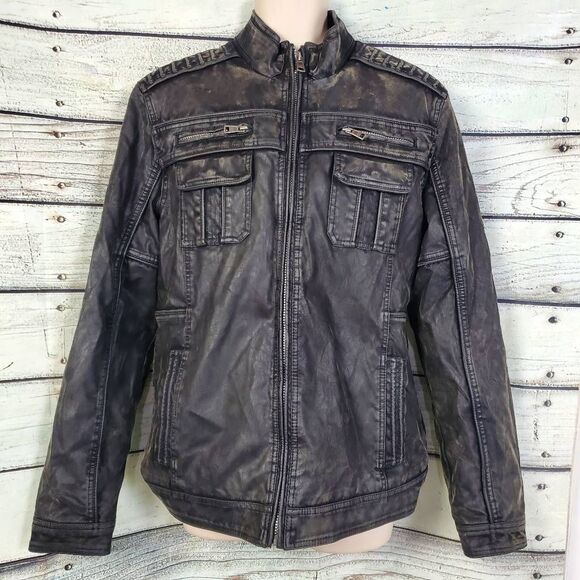 BKE Standard Fit Faux Leather Moto Jacket Men’s Size L Black Zip Up Pockets - Picture 1 of 11
